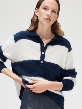 J. Crew Navy and White Striped Brushed Cashmere Rugby V-Neck Polo Sweater